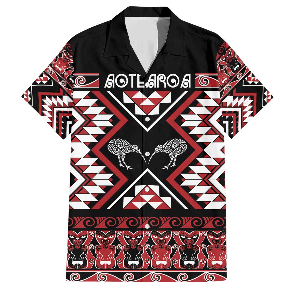 Personalised Taniko Motifs Aotearoa Family Matching Short Sleeve Bodycon Dress and Hawaiian Shirt Waitangi Kowhaiwhai Kiwi LT7 Dad's Shirt - Short Sleeve Red - Polynesian Pride