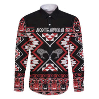 Personalised Taniko Motifs Aotearoa Family Matching Short Sleeve Bodycon Dress and Hawaiian Shirt Waitangi Kowhaiwhai Kiwi LT7 Dad's Shirt - Long Sleeve Red - Polynesian Pride