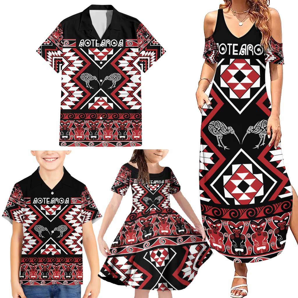 Personalised Taniko Motifs Aotearoa Family Matching Summer Maxi Dress and Hawaiian Shirt Waitangi Kowhaiwhai Kiwi LT7 - Polynesian Pride