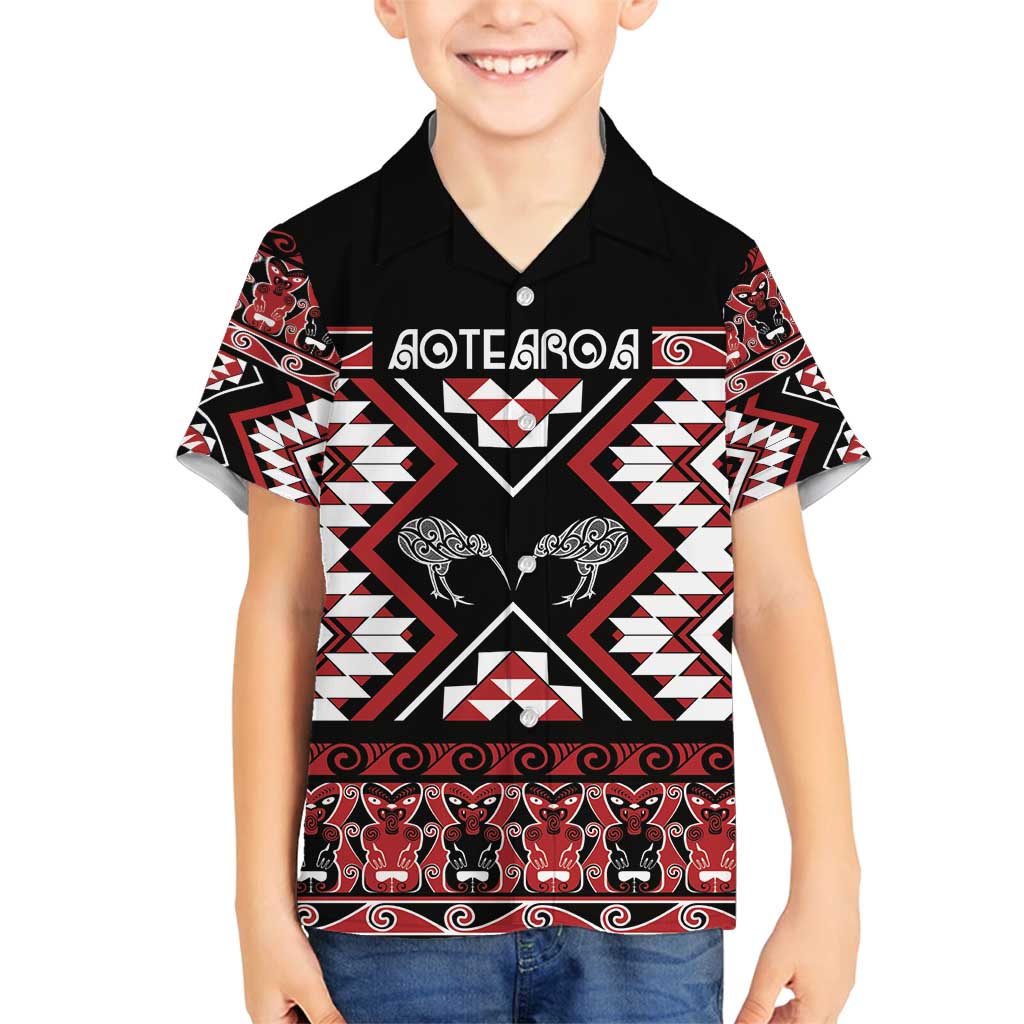 Personalised Taniko Motifs Aotearoa Family Matching Summer Maxi Dress and Hawaiian Shirt Waitangi Kowhaiwhai Kiwi LT7 Son's Shirt Red - Polynesian Pride