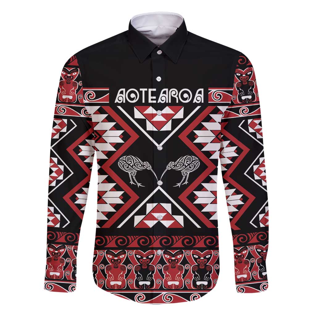 Personalised Taniko Motifs Aotearoa Family Matching Tank Maxi Dress and Hawaiian Shirt Waitangi Kowhaiwhai Kiwi LT7 Dad's Shirt - Long Sleeve Red - Polynesian Pride
