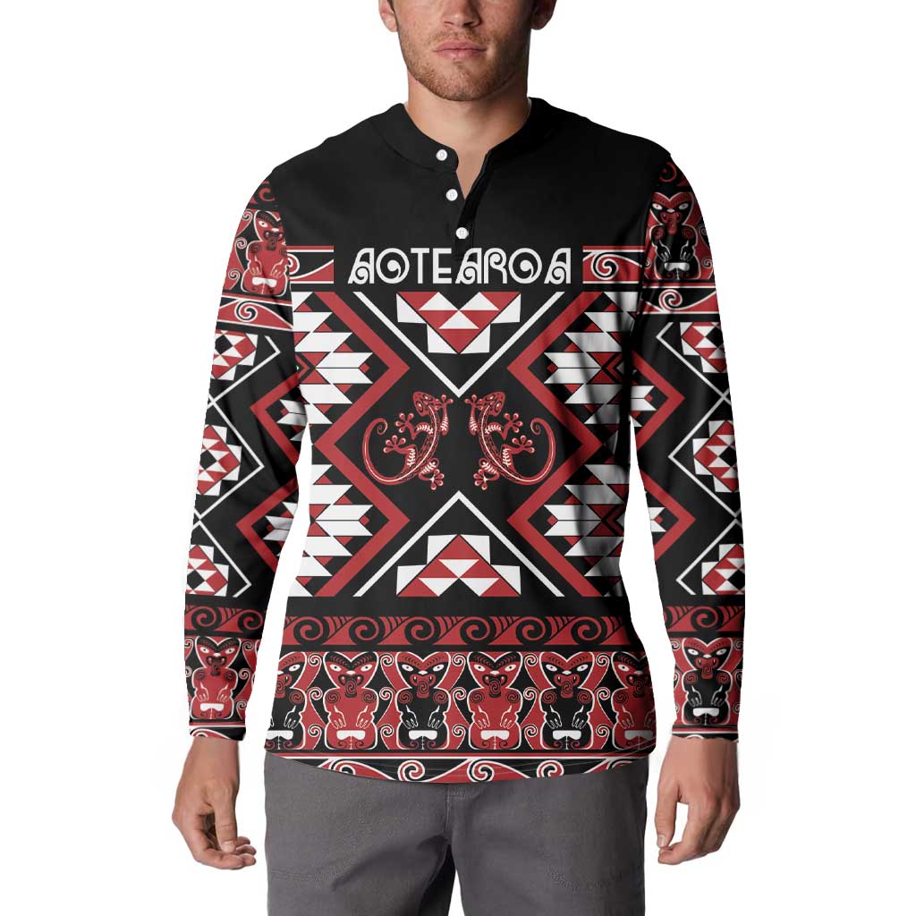 Personalised Aotearoa Waitangi Button Sweatshirt Taniko Motifs - Mania Gecko