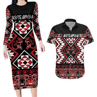 Personalised Aotearoa Waitangi Couples Matching Long Sleeve Bodycon Dress and Hawaiian Shirt Taniko Motifs - Mania Gecko LT7 Red - Polynesian Pride