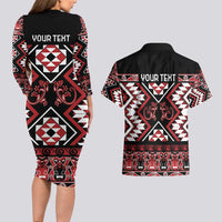 Personalised Aotearoa Waitangi Couples Matching Long Sleeve Bodycon Dress and Hawaiian Shirt Taniko Motifs - Mania Gecko LT7 - Polynesian Pride