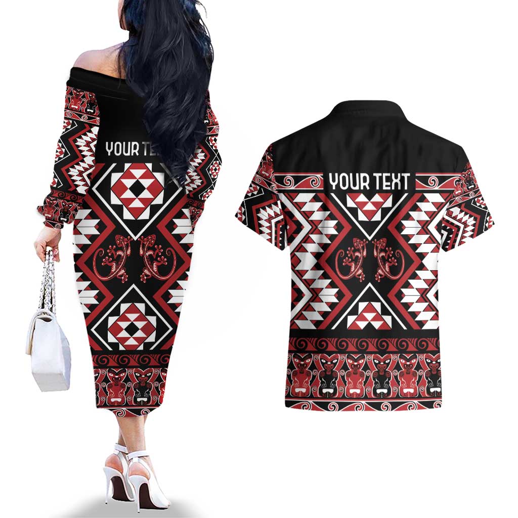 Personalised Aotearoa Waitangi Couples Matching Off The Shoulder Long Sleeve Dress and Hawaiian Shirt Taniko Motifs - Mania Gecko LT7 - Polynesian Pride