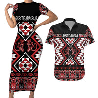 Personalised Aotearoa Waitangi Couples Matching Short Sleeve Bodycon Dress and Hawaiian Shirt Taniko Motifs - Mania Gecko LT7 Red - Polynesian Pride