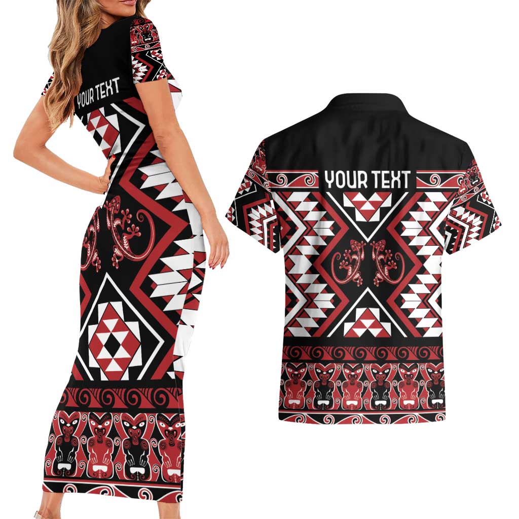 Personalised Aotearoa Waitangi Couples Matching Short Sleeve Bodycon Dress and Hawaiian Shirt Taniko Motifs - Mania Gecko LT7 - Polynesian Pride