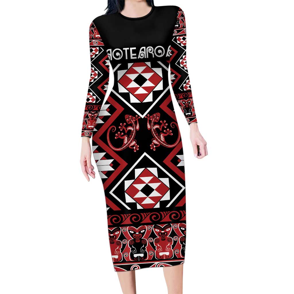 Personalised Aotearoa Waitangi Family Matching Long Sleeve Bodycon Dress and Hawaiian Shirt Taniko Motifs - Mania Gecko LT7 Mom's Dress Red - Polynesian Pride