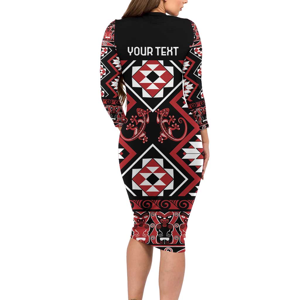 Personalised Aotearoa Waitangi Family Matching Long Sleeve Bodycon Dress and Hawaiian Shirt Taniko Motifs - Mania Gecko LT7 - Polynesian Pride