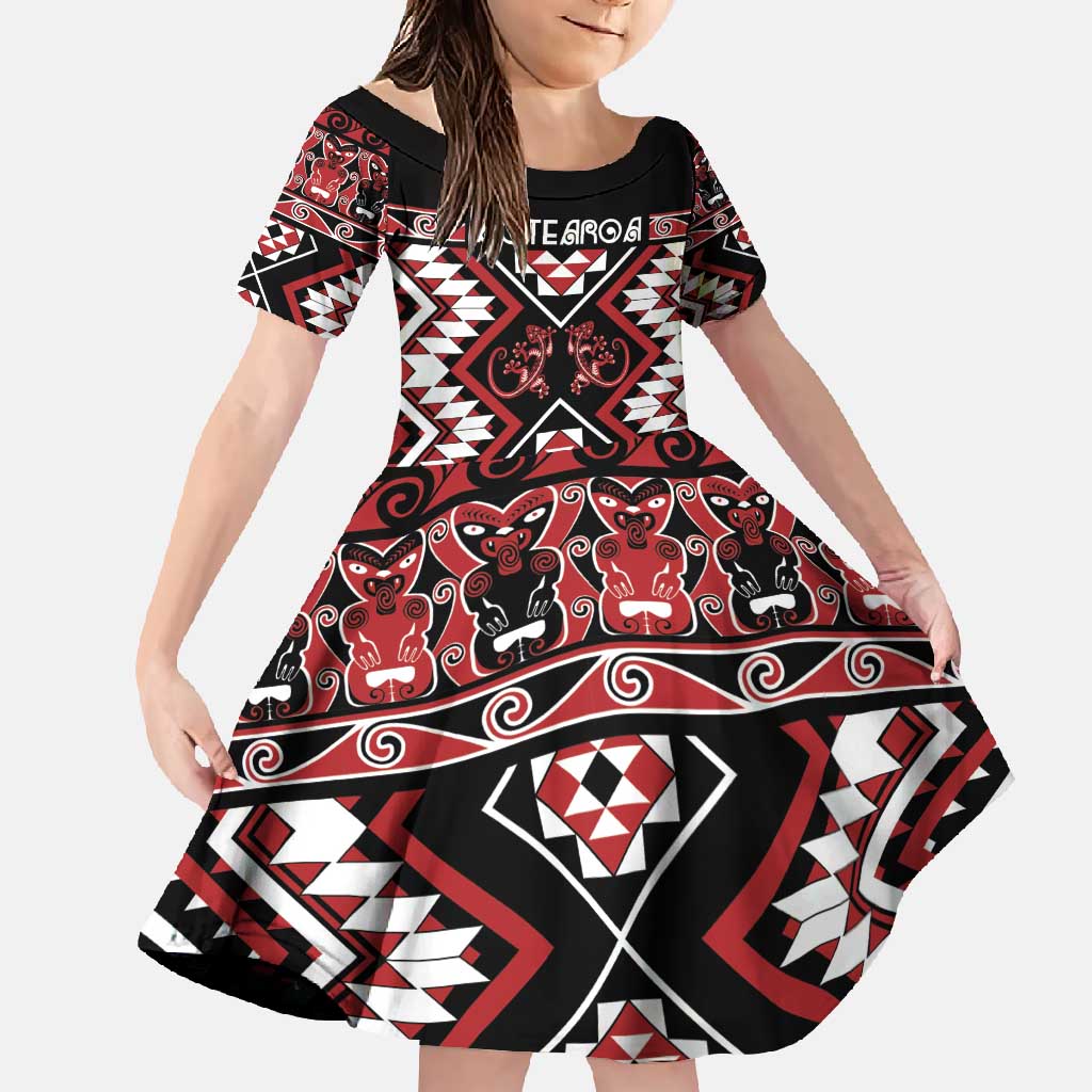 Personalised Aotearoa Waitangi Family Matching Mermaid Dress and Hawaiian Shirt Taniko Motifs - Mania Gecko LT7 Daughter's Dress Red - Polynesian Pride