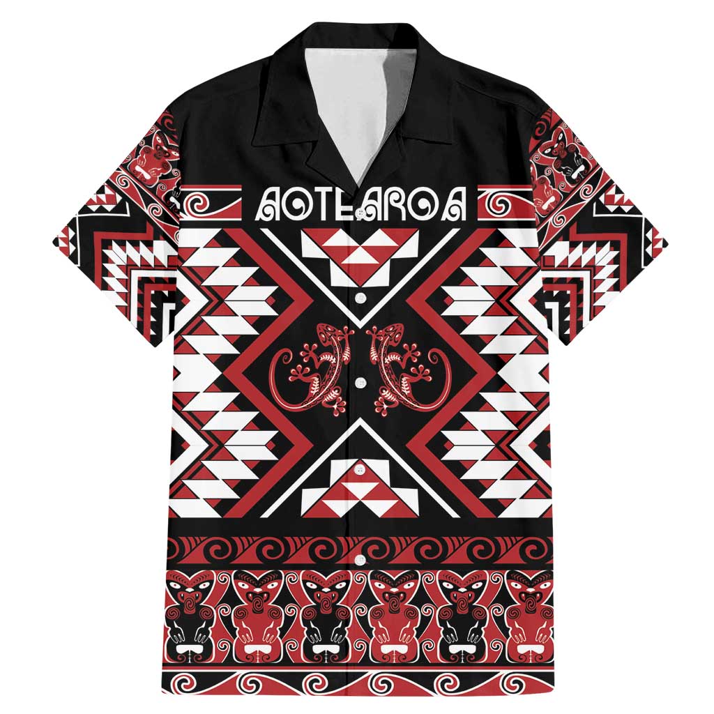 Personalised Aotearoa Waitangi Family Matching Mermaid Dress and Hawaiian Shirt Taniko Motifs - Mania Gecko LT7 Dad's Shirt - Short Sleeve Red - Polynesian Pride