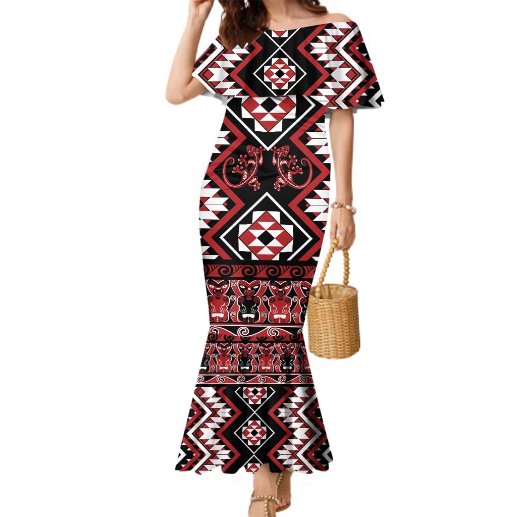 Personalised Aotearoa Waitangi Family Matching Mermaid Dress and Hawaiian Shirt Taniko Motifs - Mania Gecko LT7 Mom's Dress Red - Polynesian Pride