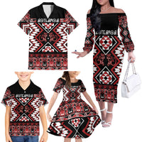 Personalised Aotearoa Waitangi Family Matching Off The Shoulder Long Sleeve Dress and Hawaiian Shirt Taniko Motifs - Mania Gecko LT7 - Polynesian Pride