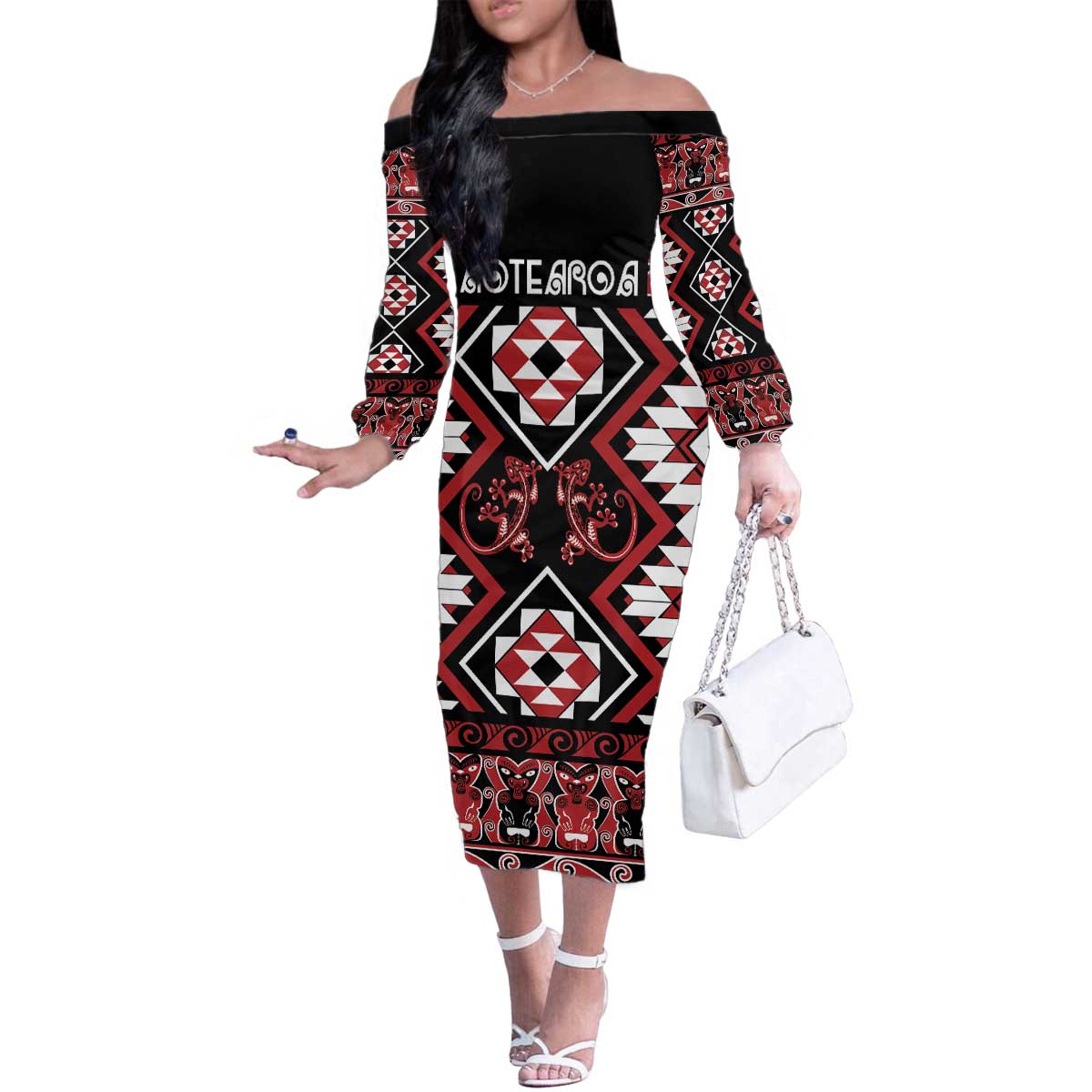 Personalised Aotearoa Waitangi Family Matching Off The Shoulder Long Sleeve Dress and Hawaiian Shirt Taniko Motifs - Mania Gecko LT7 Mom's Dress Red - Polynesian Pride
