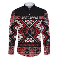 Personalised Aotearoa Waitangi Family Matching Off Shoulder Maxi Dress and Hawaiian Shirt Taniko Motifs - Mania Gecko LT7 Dad's Shirt - Long Sleeve Red - Polynesian Pride