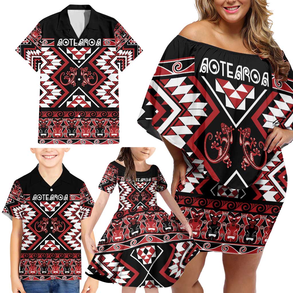 Personalised Aotearoa Waitangi Family Matching Off Shoulder Short Dress and Hawaiian Shirt Taniko Motifs - Mania Gecko LT7 - Polynesian Pride