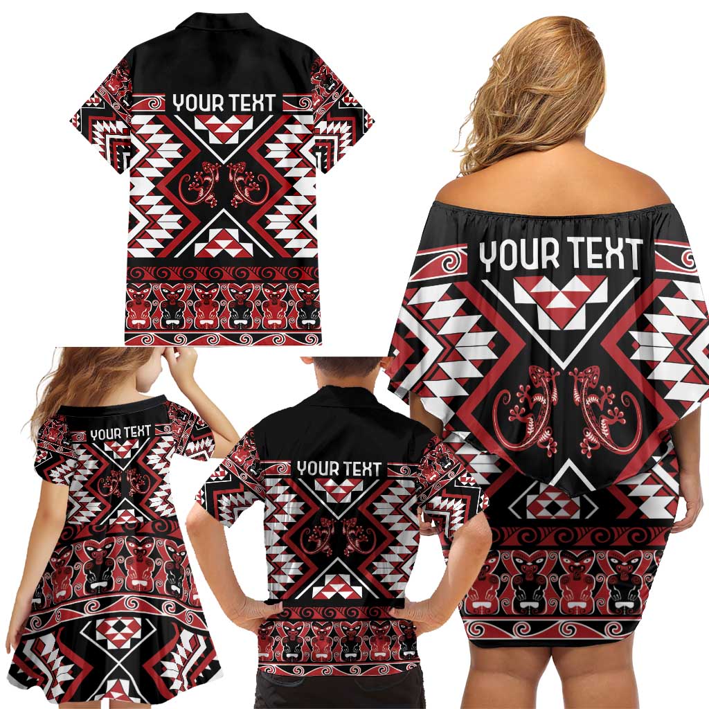 Personalised Aotearoa Waitangi Family Matching Off Shoulder Short Dress and Hawaiian Shirt Taniko Motifs - Mania Gecko LT7 - Polynesian Pride