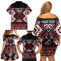 Personalised Aotearoa Waitangi Family Matching Off Shoulder Short Dress and Hawaiian Shirt Taniko Motifs - Mania Gecko LT7 - Polynesian Pride