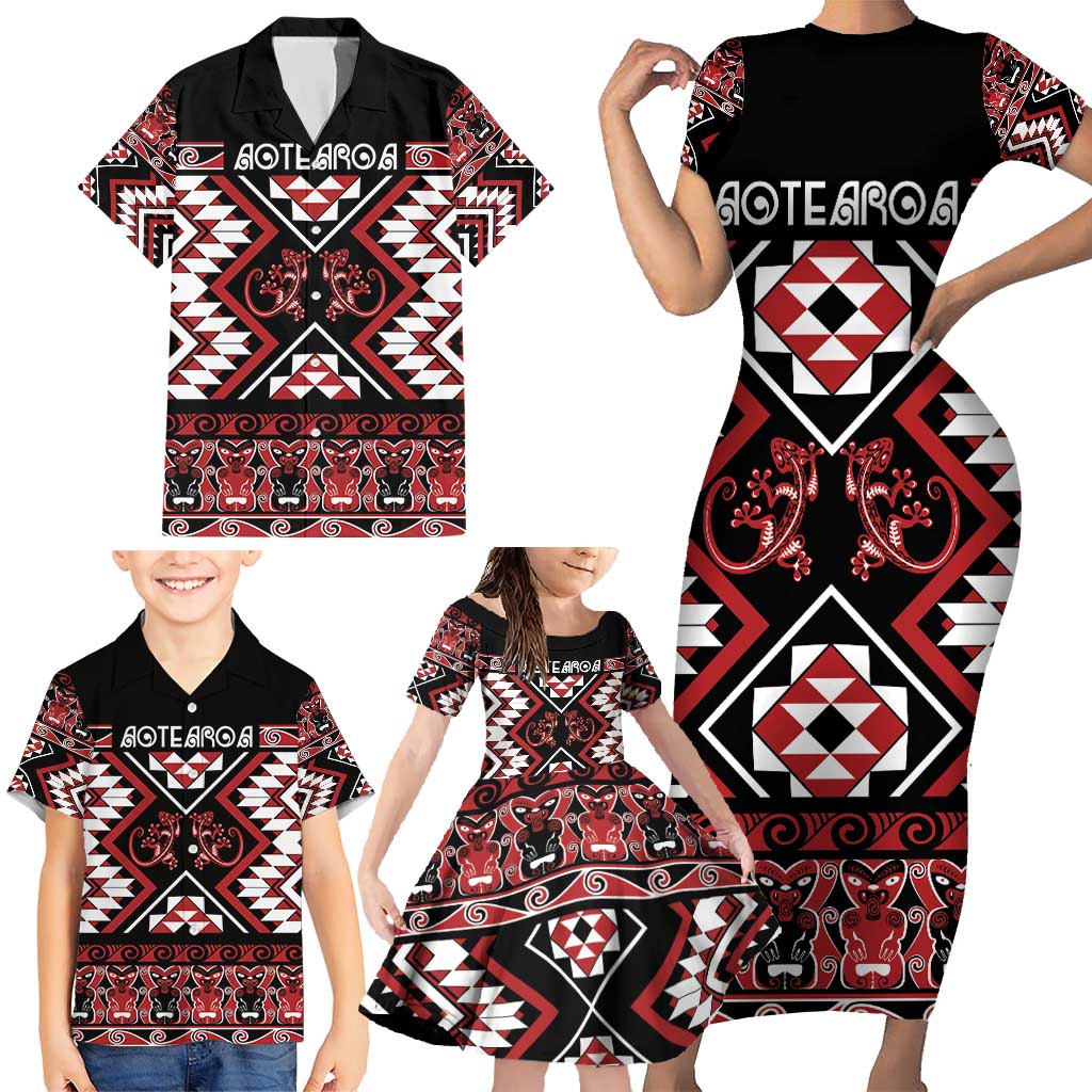 Personalised Aotearoa Waitangi Family Matching Short Sleeve Bodycon Dress and Hawaiian Shirt Taniko Motifs - Mania Gecko LT7 - Polynesian Pride