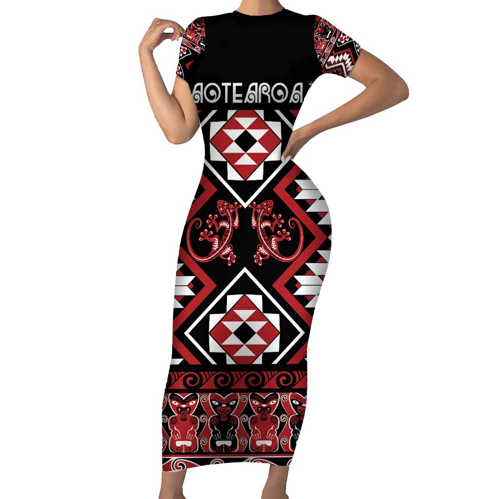 Personalised Aotearoa Waitangi Family Matching Short Sleeve Bodycon Dress and Hawaiian Shirt Taniko Motifs - Mania Gecko LT7 Mom's Dress Red - Polynesian Pride
