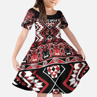 Personalised Aotearoa Waitangi Family Matching Summer Maxi Dress and Hawaiian Shirt Taniko Motifs - Mania Gecko LT7 Daughter's Dress Red - Polynesian Pride