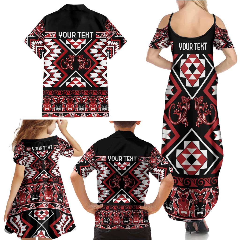 Personalised Aotearoa Waitangi Family Matching Summer Maxi Dress and Hawaiian Shirt Taniko Motifs - Mania Gecko LT7 - Polynesian Pride