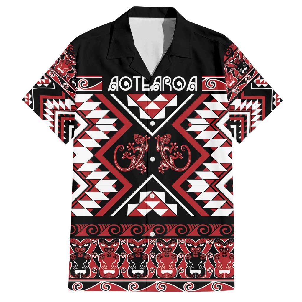 Personalised Aotearoa Waitangi Family Matching Summer Maxi Dress and Hawaiian Shirt Taniko Motifs - Mania Gecko LT7 Dad's Shirt - Short Sleeve Red - Polynesian Pride