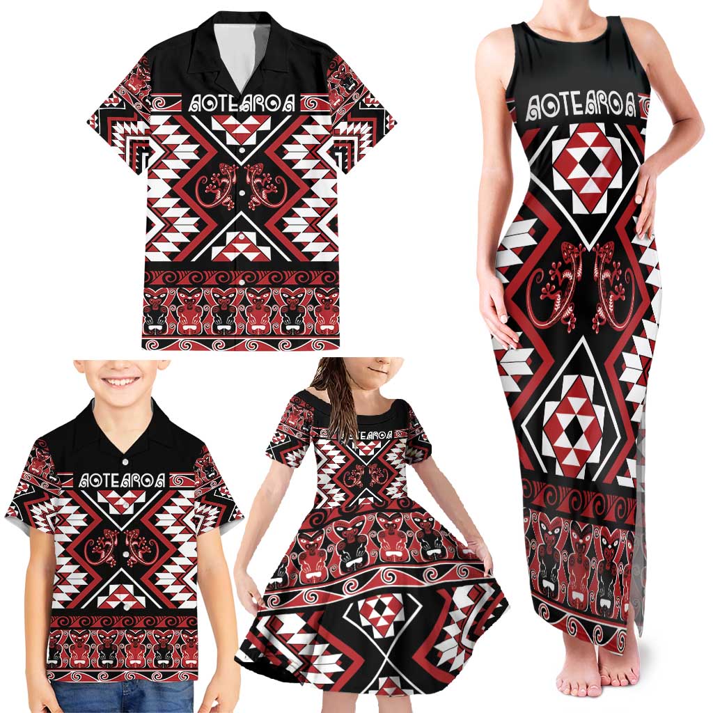 Personalised Aotearoa Waitangi Family Matching Tank Maxi Dress and Hawaiian Shirt Taniko Motifs - Mania Gecko LT7 - Polynesian Pride
