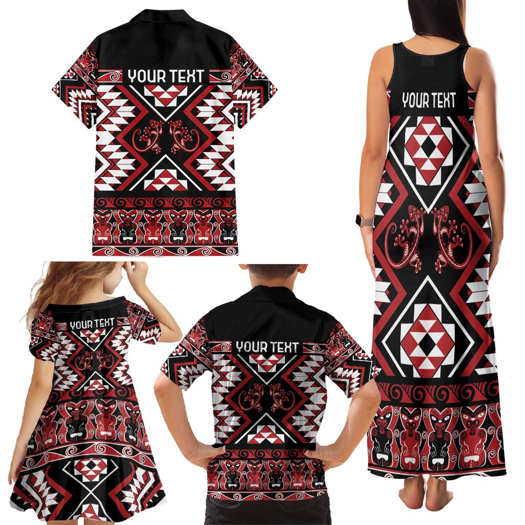 Personalised Aotearoa Waitangi Family Matching Tank Maxi Dress and Hawaiian Shirt Taniko Motifs - Mania Gecko LT7 - Polynesian Pride