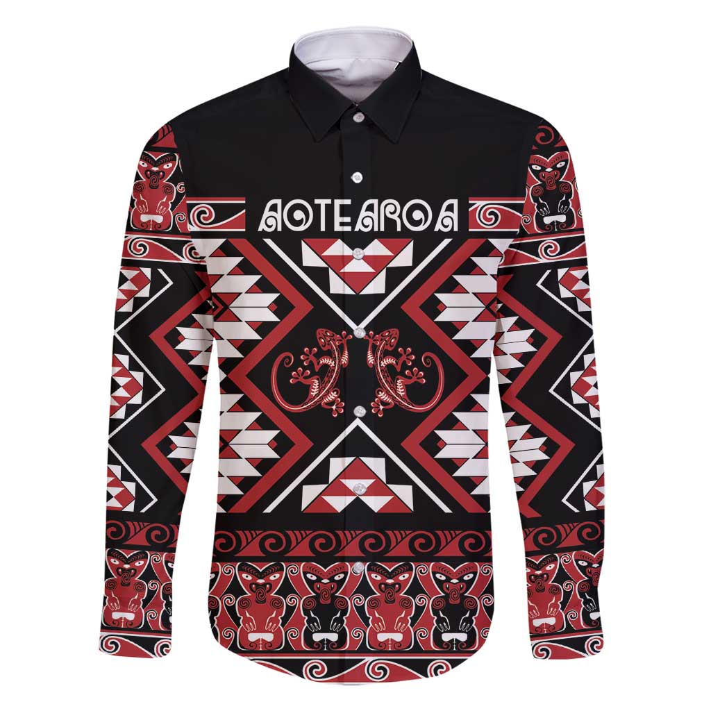 Personalised Aotearoa Waitangi Family Matching Tank Maxi Dress and Hawaiian Shirt Taniko Motifs - Mania Gecko LT7 Dad's Shirt - Long Sleeve Red - Polynesian Pride