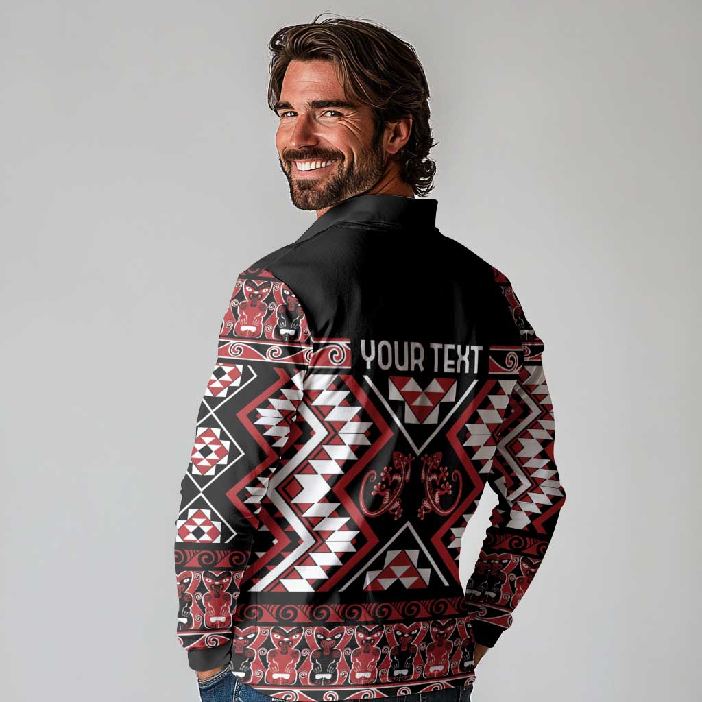 Personalised Aotearoa Waitangi Long Sleeve Polo Shirt Taniko Motifs - Mania Gecko