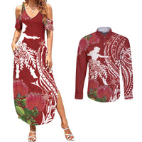 Personalised Hawaii Wahine Couples Matching Summer Maxi Dress and Long Sleeve Button Shirt Women's Day Ohia Lehua LT7 Red - Polynesian Pride
