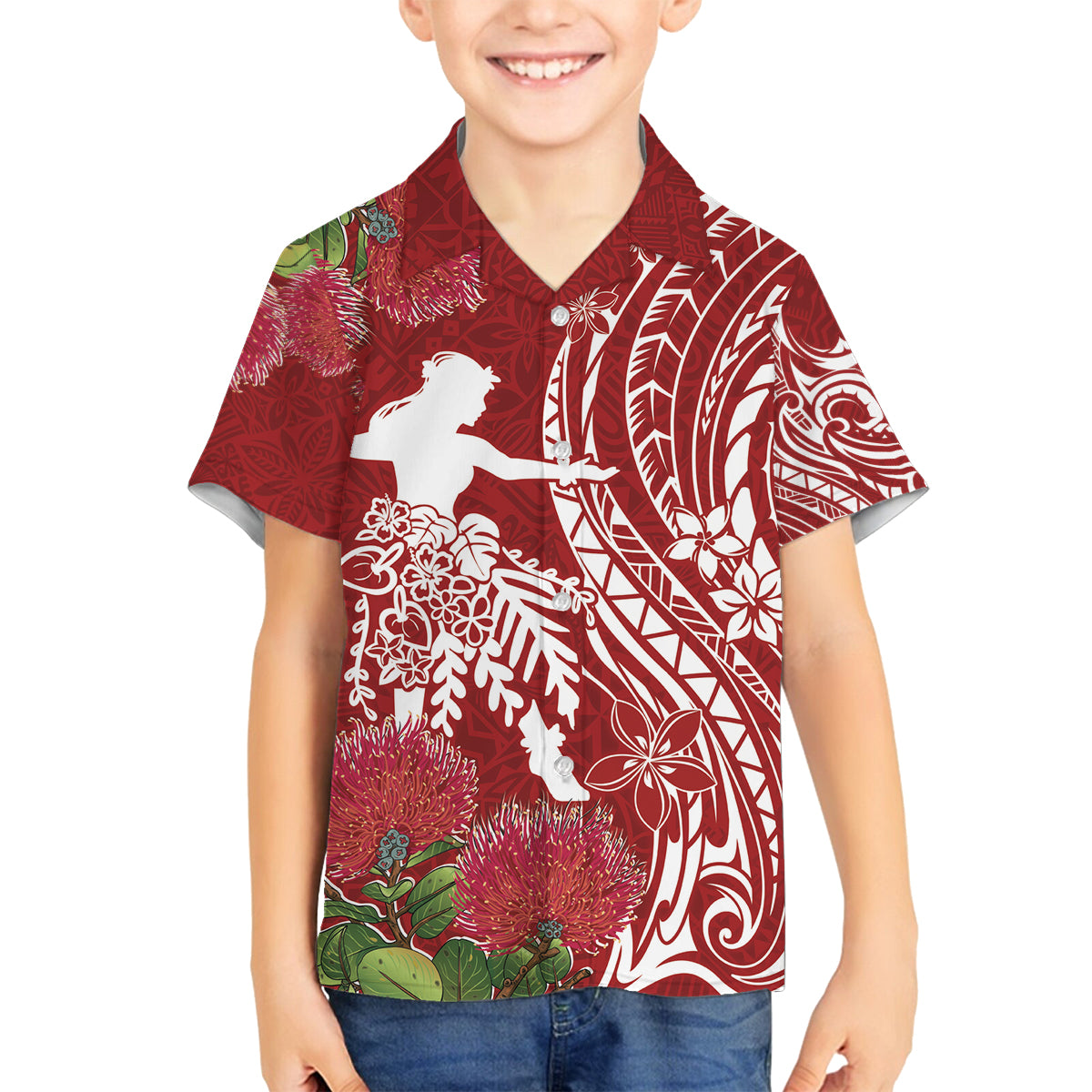 Personalised Hawaii Wahine Family Matching Tank Maxi Dress and Hawaiian Shirt Women's Day Ohia Lehua LT7 Son's Shirt Red - Polynesian Pride