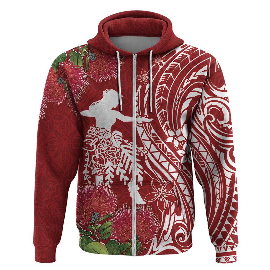 Personalised Hawaii Wahine Hoodie Women's Day Ohia Lehua LT7 Zip Hoodie Red - Polynesian Pride