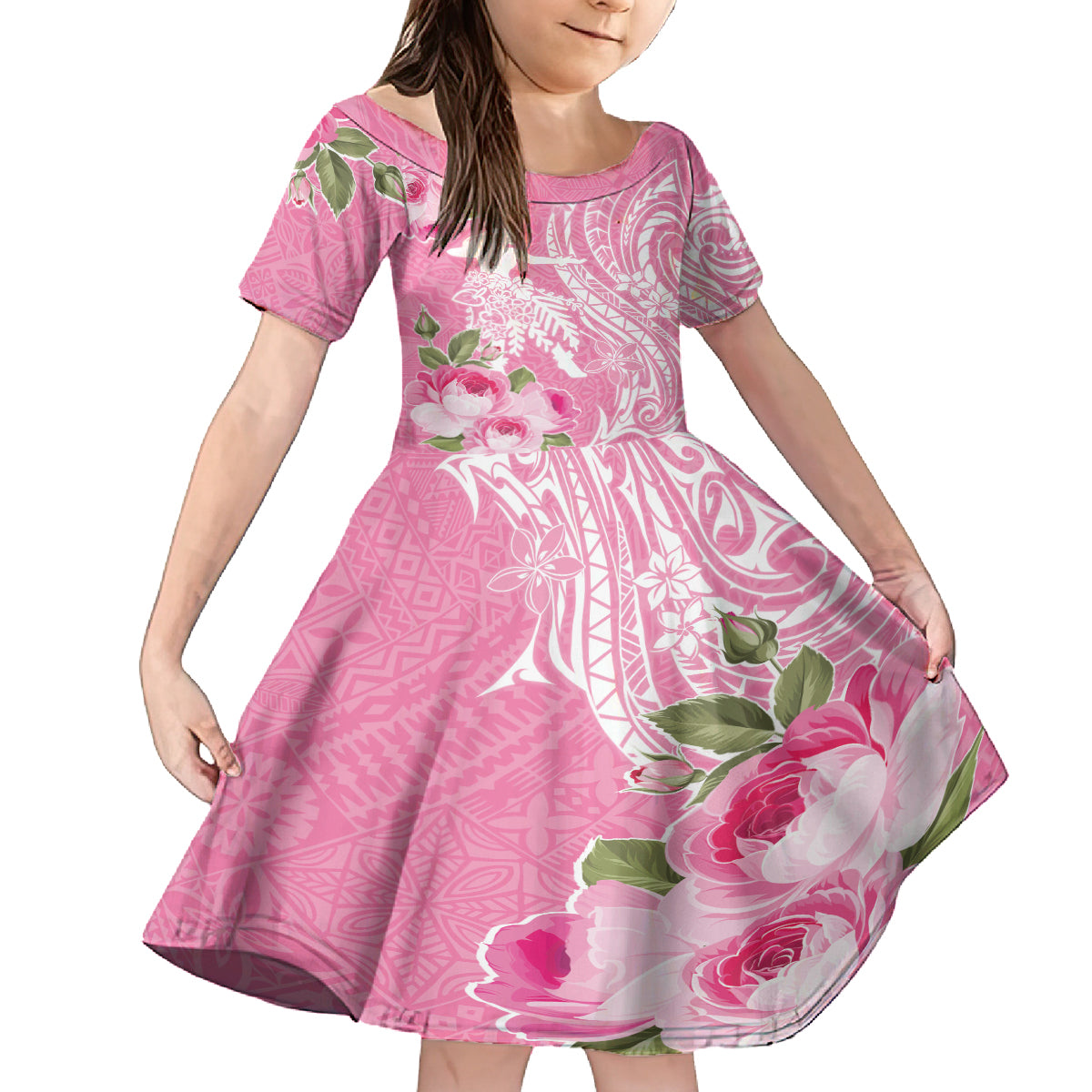 Personalised Hawaii Wahine Family Matching Long Sleeve Bodycon Dress and Hawaiian Shirt Women's Day Maui Lokelani Roses LT7 Daughter's Dress Pink - Polynesian Pride