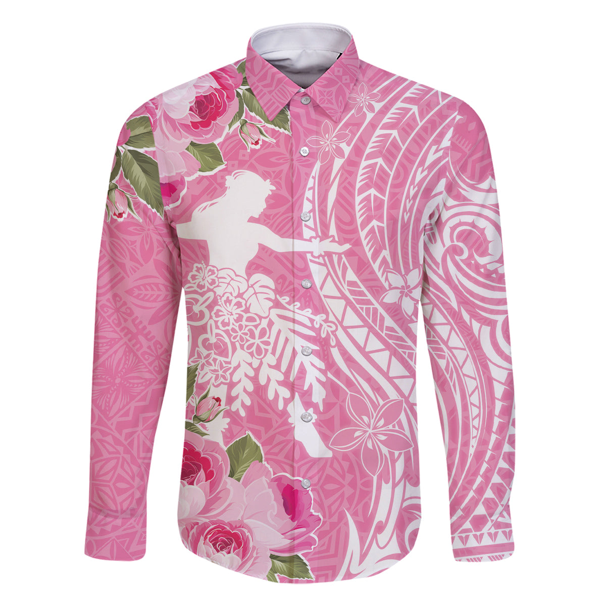 Personalised Hawaii Wahine Family Matching Long Sleeve Bodycon Dress and Hawaiian Shirt Women's Day Maui Lokelani Roses LT7 Dad's Shirt - Long Sleeve Pink - Polynesian Pride