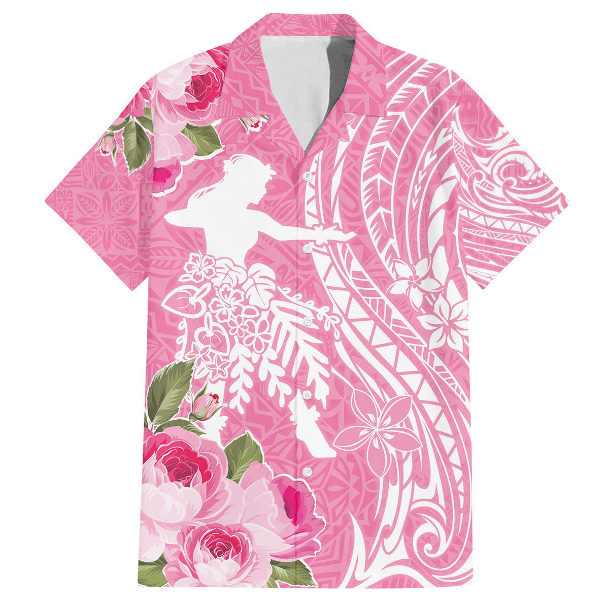 Personalised Hawaii Wahine Family Matching Off Shoulder Short Dress and Hawaiian Shirt Women's Day Maui Lokelani Roses LT7 Dad's Shirt - Short Sleeve Pink - Polynesian Pride