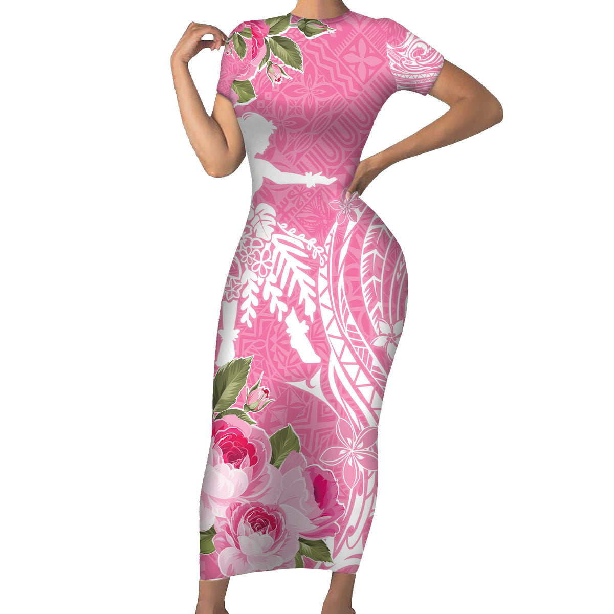 Personalised Hawaii Wahine Short Sleeve Bodycon Dress Women's Day Maui Lokelani Roses LT7 Long Dress Pink - Polynesian Pride