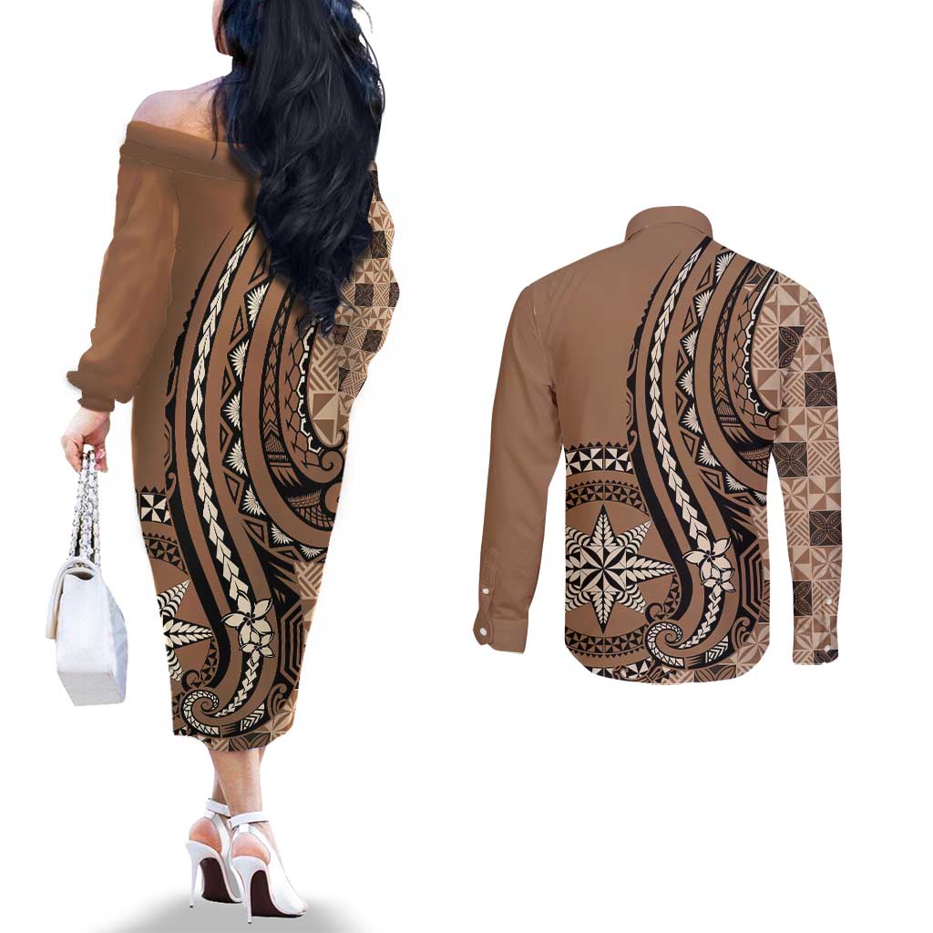 Personalized Tonga Ngatu Couples Matching Off The Shoulder Long Sleeve Dress and Long Sleeve Button Shirt Vintage Brown Manulua Motifs