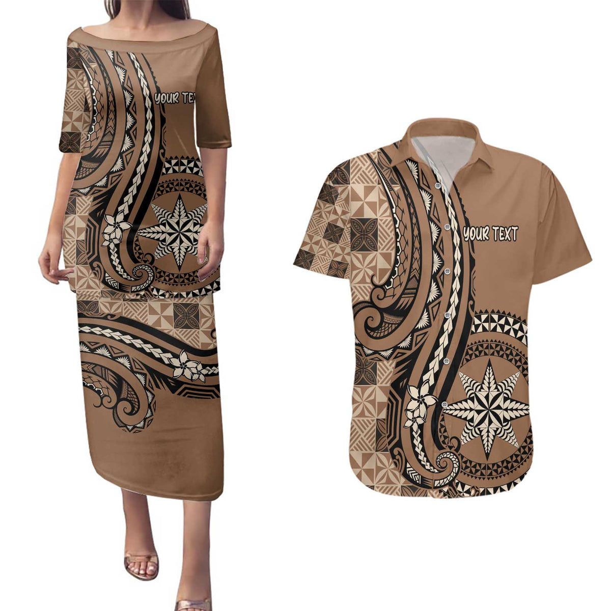 Personalized Tonga Ngatu Couples Matching Puletasi and Hawaiian Shirt Vintage Brown Manulua Motifs