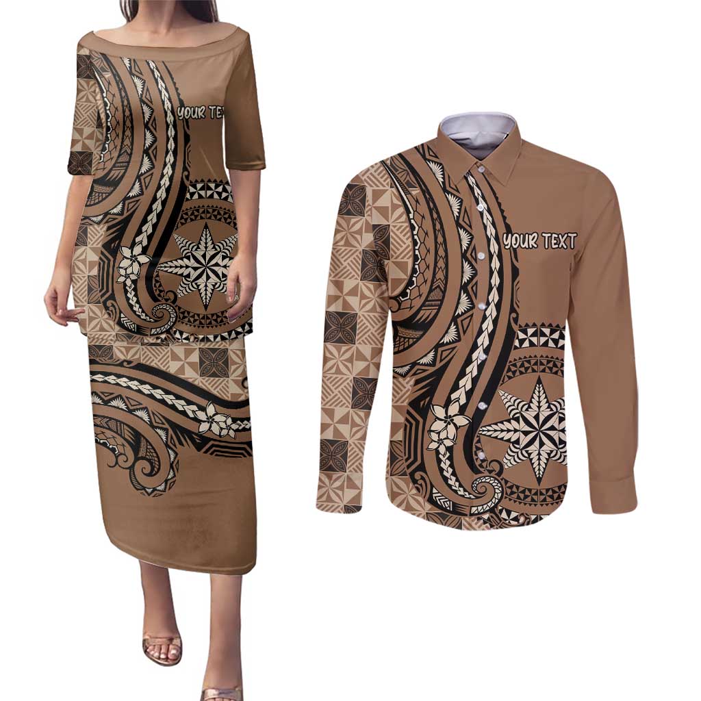 Personalized Tonga Ngatu Couples Matching Puletasi and Long Sleeve Button Shirt Vintage Brown Manulua Motifs