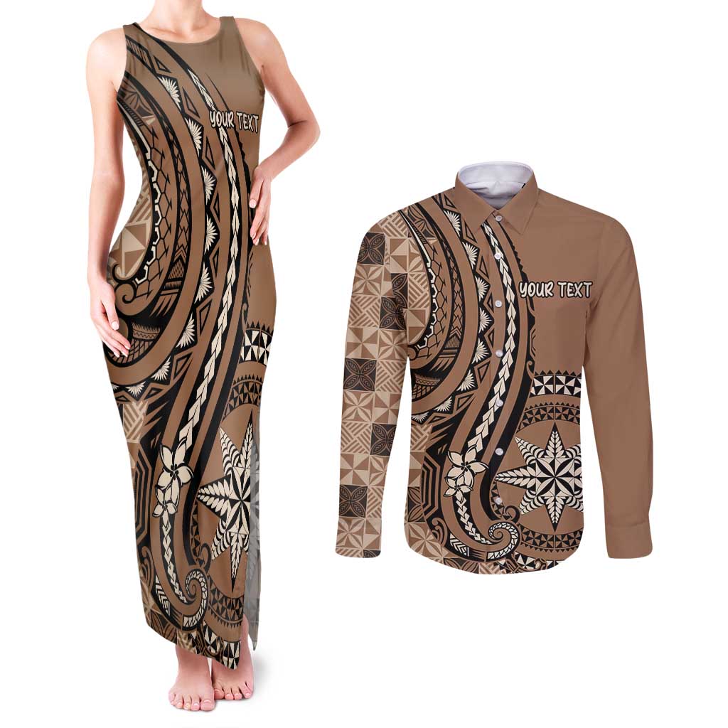 Personalized Tonga Ngatu Couples Matching Tank Maxi Dress and Long Sleeve Button Shirt Vintage Brown Manulua Motifs