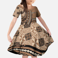 Personalized Tonga Ngatu Family Matching Long Sleeve Bodycon Dress and Hawaiian Shirt Vintage Brown Manulua Motifs LT7 Daughter's Dress Brown - Polynesian Pride