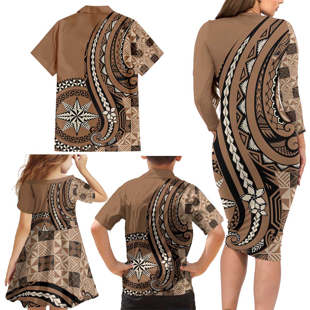 Personalized Tonga Ngatu Family Matching Long Sleeve Bodycon Dress and Hawaiian Shirt Vintage Brown Manulua Motifs LT7 - Polynesian Pride