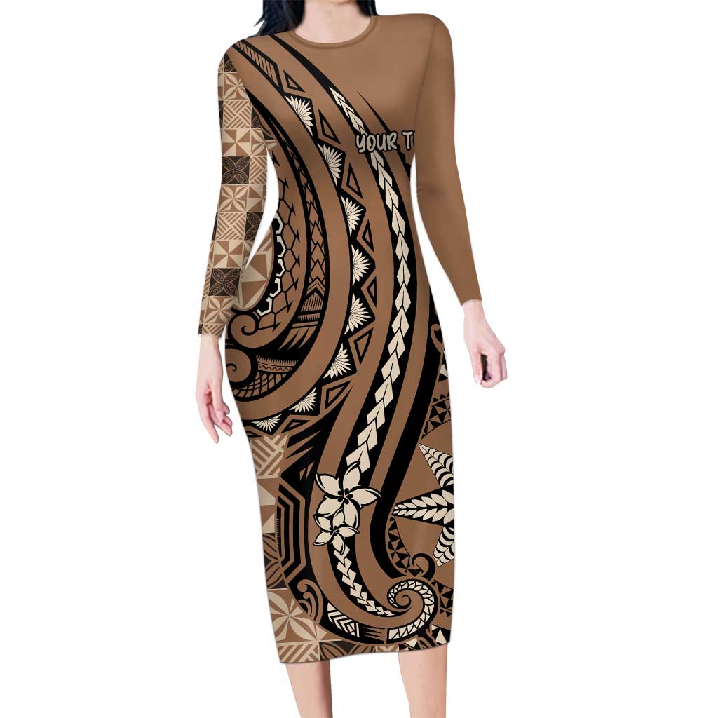 Personalized Tonga Ngatu Family Matching Long Sleeve Bodycon Dress and Hawaiian Shirt Vintage Brown Manulua Motifs LT7 Mom's Dress Brown - Polynesian Pride