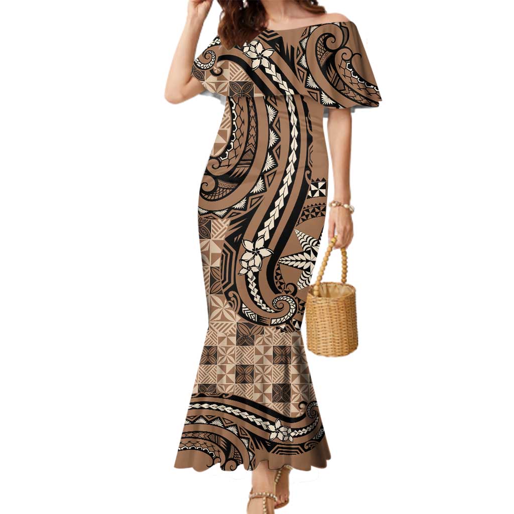 Personalized Tonga Ngatu Family Matching Mermaid Dress and Hawaiian Shirt Vintage Brown Manulua Motifs LT7 Mom's Dress Brown - Polynesian Pride