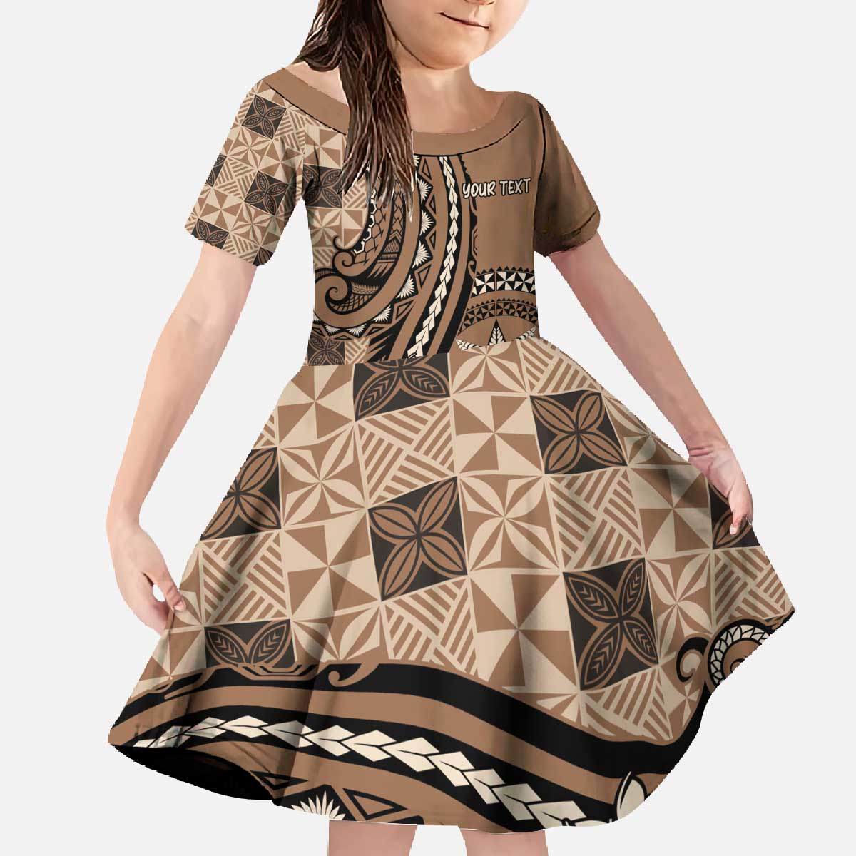 Personalized Tonga Ngatu Family Matching Off The Shoulder Long Sleeve Dress and Hawaiian Shirt Vintage Brown Manulua Motifs LT7 Daughter's Dress Brown - Polynesian Pride
