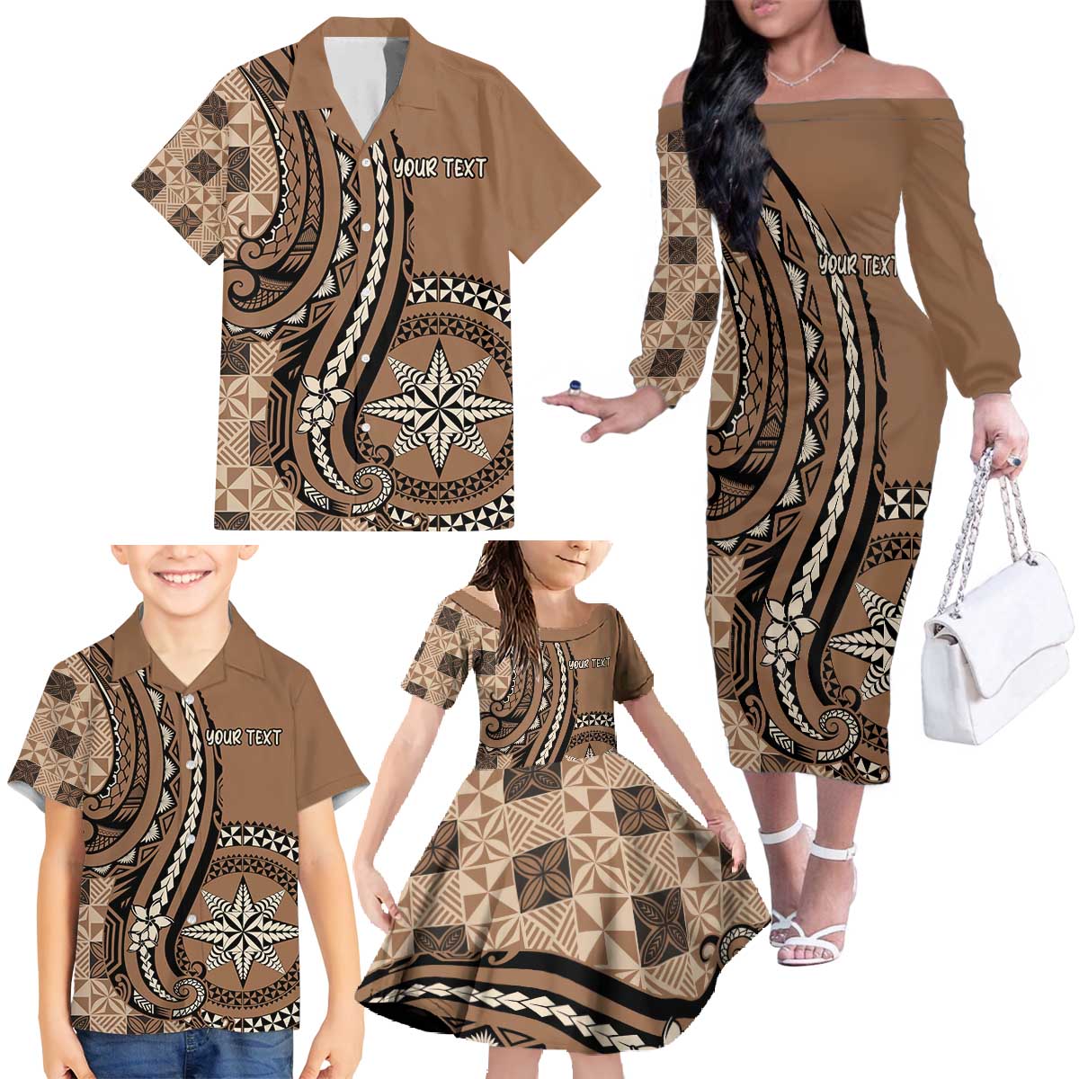 Personalized Tonga Ngatu Family Matching Off The Shoulder Long Sleeve Dress and Hawaiian Shirt Vintage Brown Manulua Motifs LT7 - Polynesian Pride