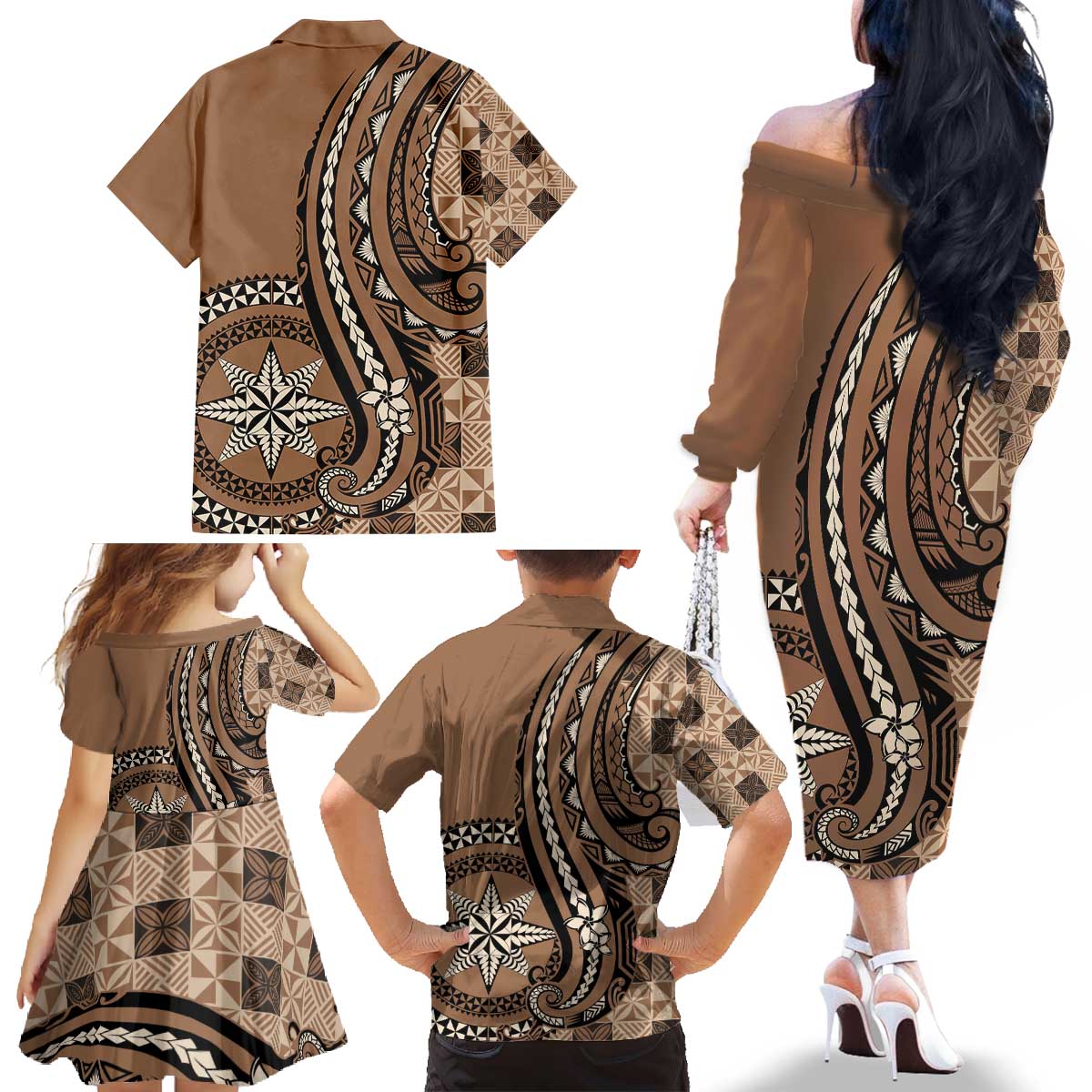 Personalized Tonga Ngatu Family Matching Off The Shoulder Long Sleeve Dress and Hawaiian Shirt Vintage Brown Manulua Motifs LT7 - Polynesian Pride