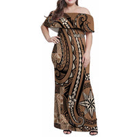 Personalized Tonga Ngatu Family Matching Off Shoulder Maxi Dress and Hawaiian Shirt Vintage Brown Manulua Motifs LT7 Mom's Dress Brown - Polynesian Pride